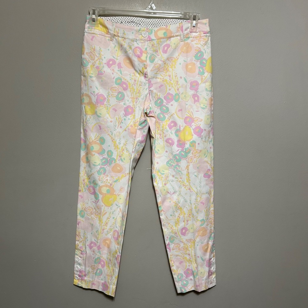 Talbots Womens Pants 4 White Yellow Floral Pastel Button Hem Preppy Whimsical